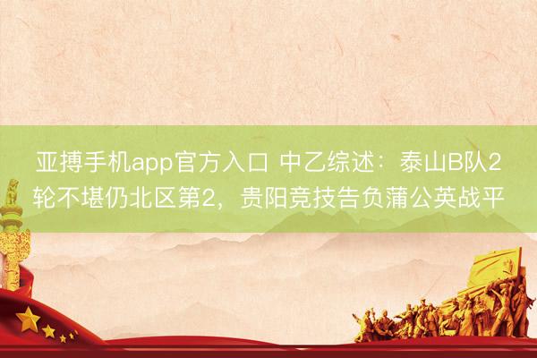 亚搏手机app官方入口 中乙综述:泰山B队2轮不堪仍北区第2,贵阳竞技告负蒲公英战平